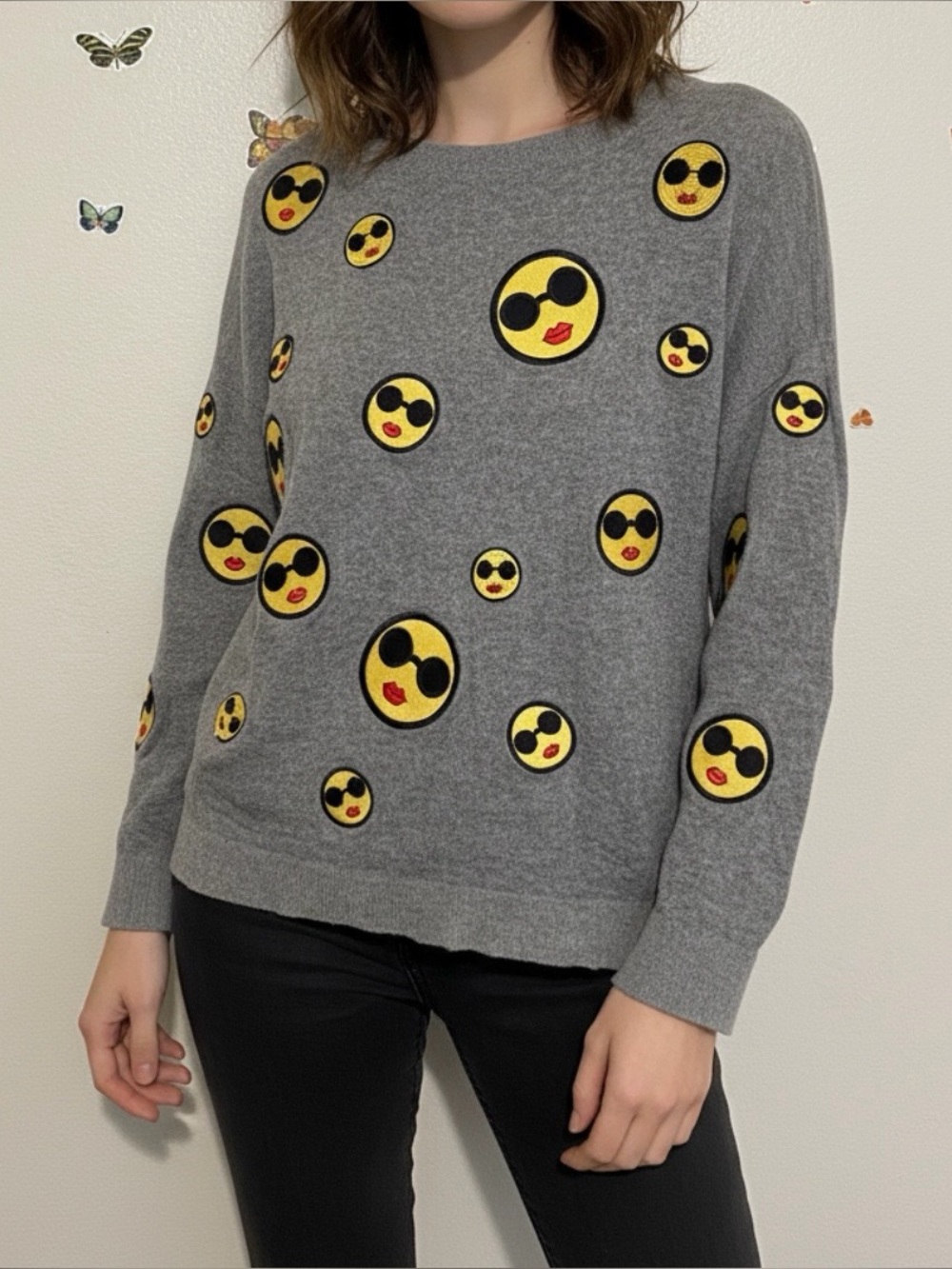 Alice + Olivia Gray Crewneck Sweater with Yellow Sunglasses Emoji Patches